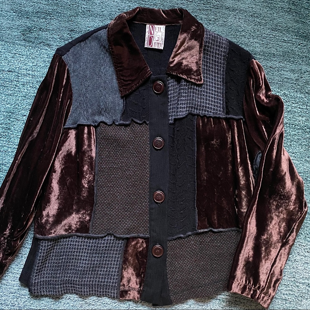 Cozy Mixed Media Patchwork Sweater Jacket Size M
